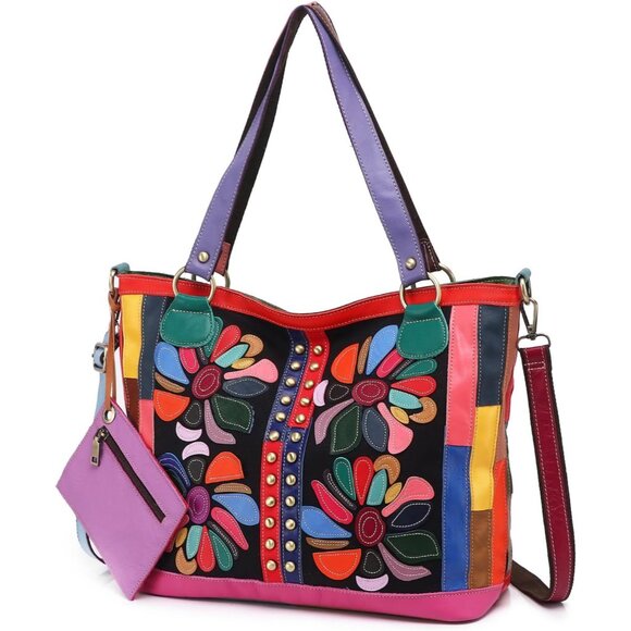 Handbags - Women Leather Tote Bag Large with Zipper Floral Patchwork Stylish Purse